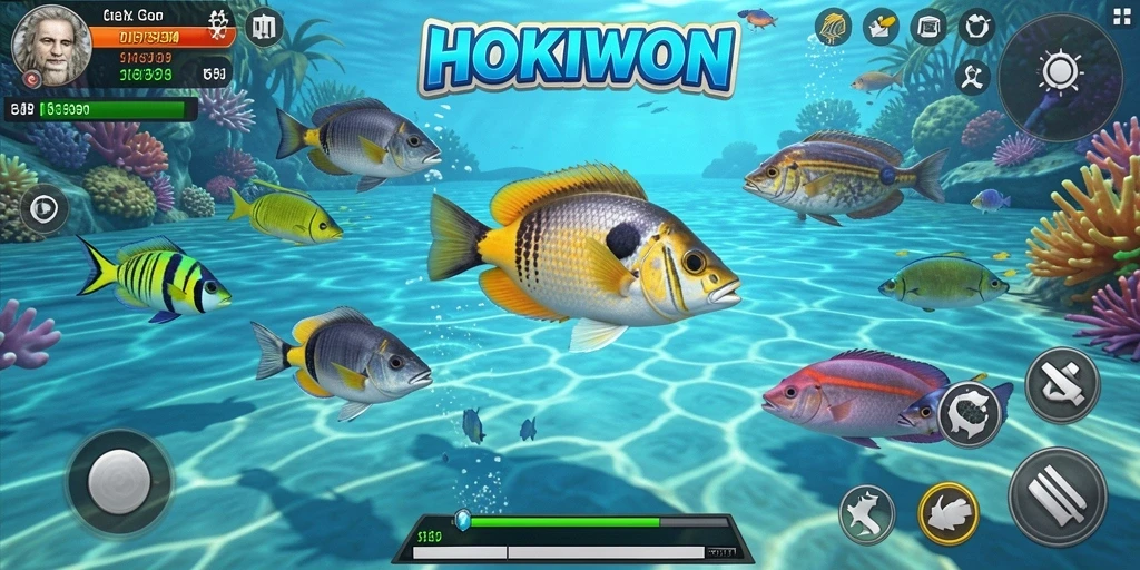 Screenshot gameplay HOKIWON menampilkan aksi seru menembak ikan di bawah laut.
