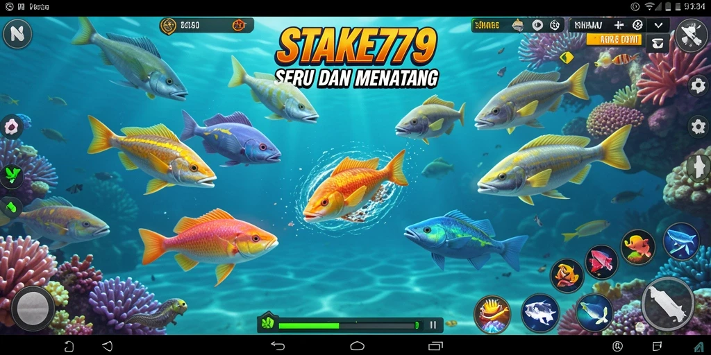 Tampilan gameplay STAKE779 dalam menembak ikan yang penuh warna.